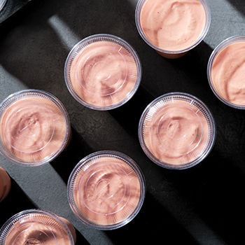 Overhead view of 6 smoothies with the same consistency