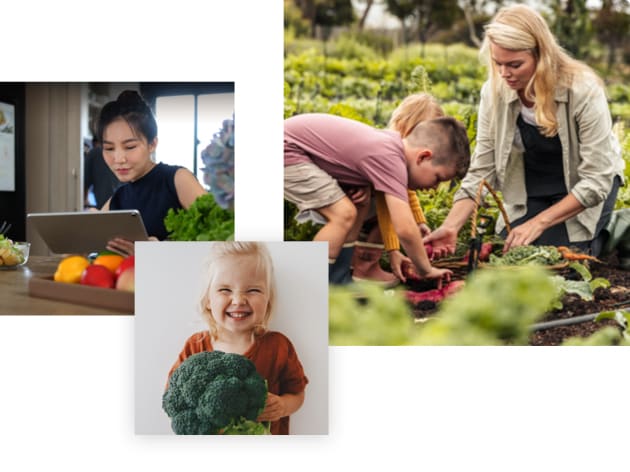 Images of Woman holding tablet, child smiling with broccoli, woman and children working in garden