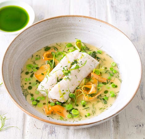 Baked Hake with Summer Vegetables and Dill Oil Recipe