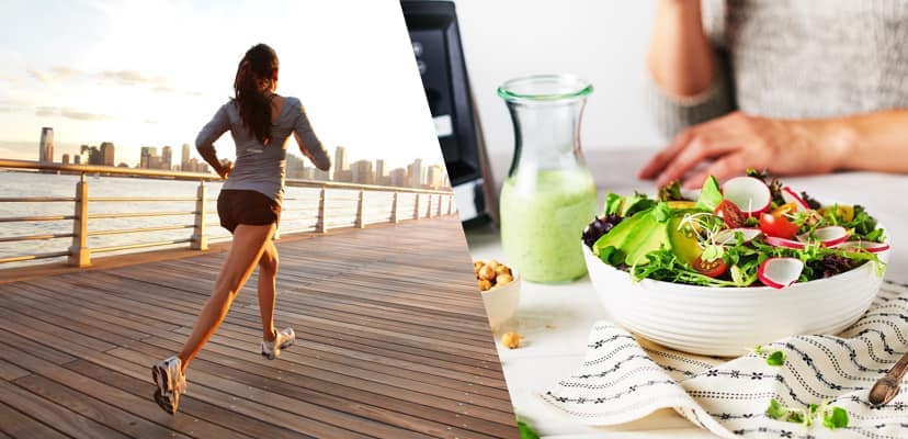 Photo of a woman running on board walk and photo of healthy green salad.