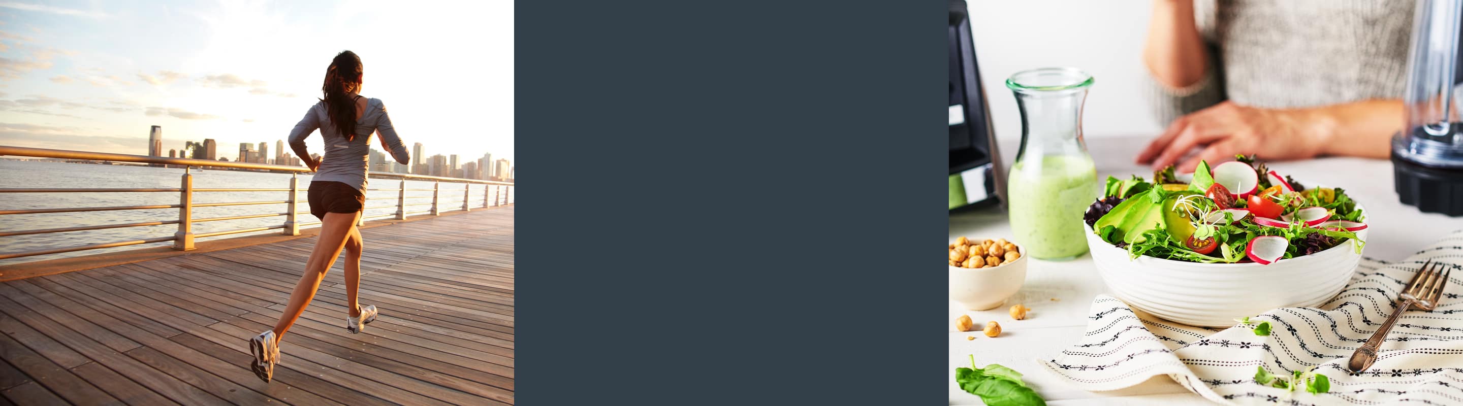 Photo of a woman running on board walk and photo of healthy green salad.