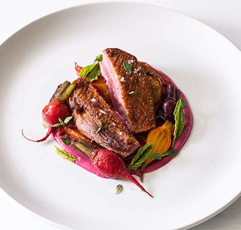 Duck Breast with Root Vegetables and Beetroot Puree Recipe