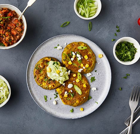 Sweetcorn fritters with feta guacamole and salsa 470x449.jpg