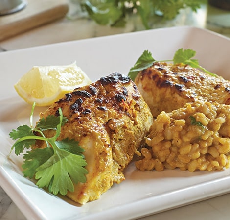 Yoghurt Baked Tandoori Chicken with Yellow Pea Compote