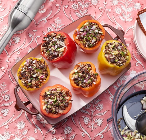 Vegetable, Black Bean, and Wild Rice Stuffed Peppers