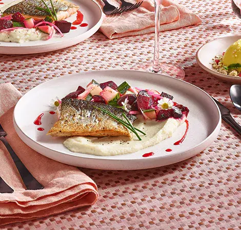 Pan-seared Salmon, Parsnip Puree, and Beet Salad